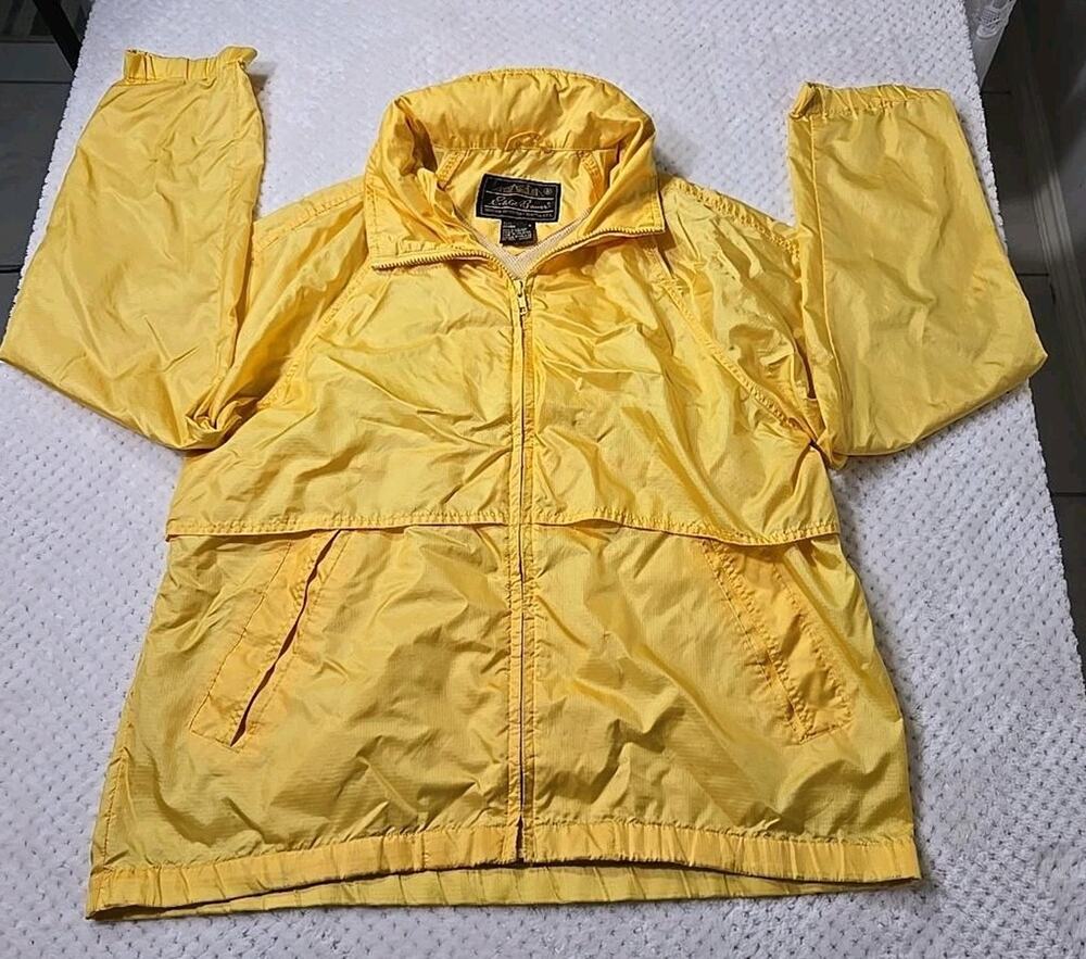Eddie Bauer Womens L Yellow Hooded Windbreaker Rain Jacket Lightweight Nylon